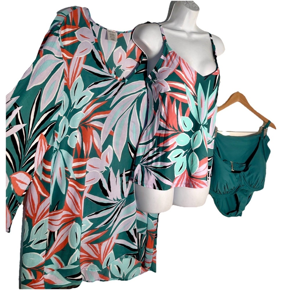 ann cole swimwear XL 4 Pc Bundle Tripical Cover Up Tankini & 2pc Bathing Suit